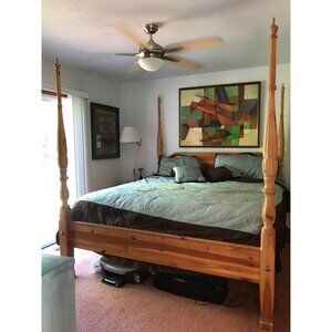 Vtg Hand Carved "Corn Cob" Bed White Pine 4 Poster Frame & Headboard Oversized